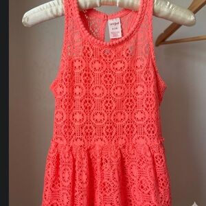Cat & Jack Girls Neon Coral Eyelet Lace Pom-Pom Dress - Size M (7/8) NWOT